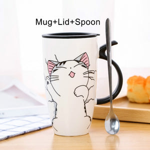 Drop shipping 600ml Creative Cat Ceramic Mug With Lid and Spoon Cartoon Milk Coffee Tea Cup Porcelain Mugs Nice Gifts