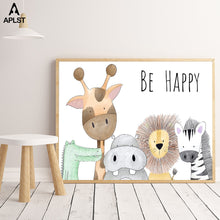 Load image into Gallery viewer, Be Happy Nursery Room Prints Painting On Canvas Animals Hippo Giraffe Monkey Lion Poster Picture Home Decor for Kids Baby Room