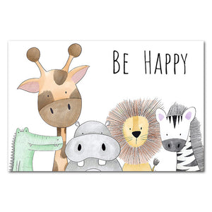 Be Happy Nursery Room Prints Painting On Canvas Animals Hippo Giraffe Monkey Lion Poster Picture Home Decor for Kids Baby Room