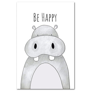 Be Happy Nursery Room Prints Painting On Canvas Animals Hippo Giraffe Monkey Lion Poster Picture Home Decor for Kids Baby Room