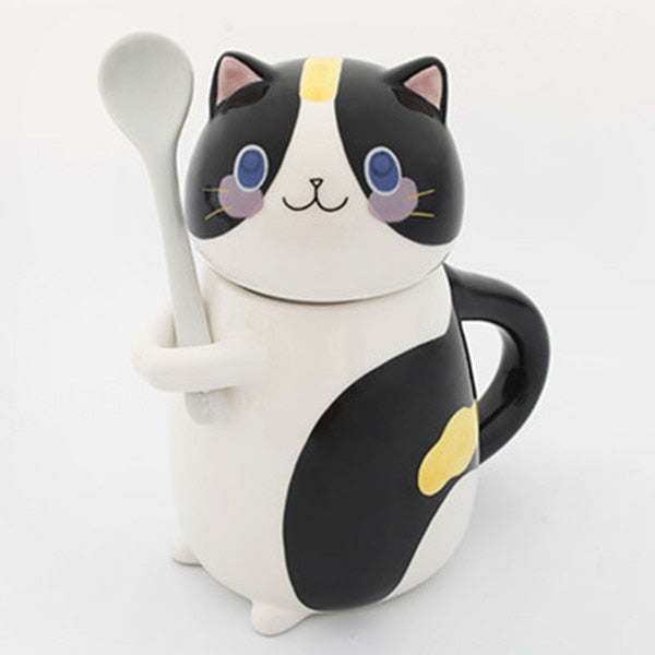 New Cute Cat Ceramics Coffee Mug With Spoon Creative Hand Painted Drinkware Milk Tea Cups Novelty Gifts