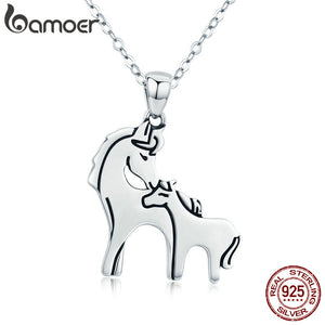 BAMOER Fashion New 925 Sterling Silver Loving Horse Mother Gift Animal Pendant Necklace for Women Sterling Silver Jewelry SCN213